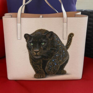 Cream Leather Bag with Panther Design